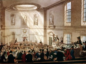 India House, The Sale Room, Ackermannin Lontoon mikrokosmoksesta, kaiverrettu Joseph Constantine Stadlerin (1780-1812) toimesta, 1808 (akvatintta).