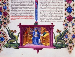 Reunusfriisi sivun alaosassa evankelista Pyhän Matteuksen kanssa, II osa f 148, v, Borso d