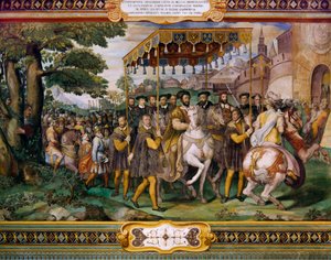 Francesc I donant la benvinguda a Carles V i al cardenal Alessio Farnese a París, de Taddeo Zuccari (1529-1566), Palazzo Farnese, Caprarola, Itàliafinès