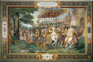 Kuningas Francis I ottaa vastaan ​​Kaarle V:n ja kardinaali Alessandro Farnesen Pariisissa vuonna 1540. 1559