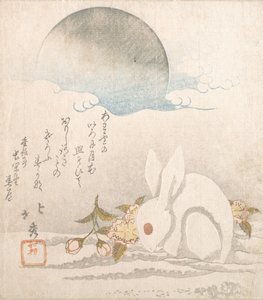 Kuu, valkoinen jänis lumessa, luultavasti 1819. tekijältä Taisosai Hokushu