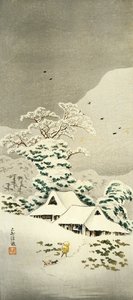 Kohtaus lumessa Sawatarissa Joshun alueella, noin 1930, kirjoittanut Takahashi Shotei (1871-1945), o-tanzakun muotoinen puupiirros, 38,1 x 17,1 cm, japanilainen sivilisaatio, Meiji-Showa-kausi tekijältä Takahashi Shotei