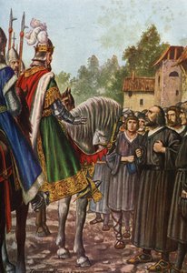 Keisari Frederic I Barberossa (1122-1190) toisella matkallaan Italiaan vuonna 1158 ohittaa Adda-joen ja tapaa Lodin ihmiset, jotka pyytävät häntä saamaan alueensa takaisin. Tancredi Scarpelli (1866-1937) Paolo Giudicin "Storia d