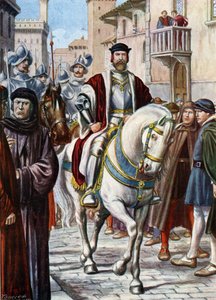 Toscanan Cosimo (Come) I:n (Cosimo de Medici) (1519-1574) muotokuva, joka kiertää Firenzen kaduilla, piiritti espanjalaisista ja saksalaisista sotilaista koostuvan miliisin jäseniä (Toscanan suurherttua Cosimo I de Medicin muotokuva , suojattu tekijältä Tancredi Scarpelli