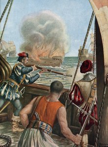 Toinen retkikunta Intiaan (1502-1503) "" Meritaistelu portugalilaisen Vasco de Gaman ja Calicutin laivaston välillä, portugalilaiset ampuvat muslimialuksen Miri-iskun pelerinit palaamassa Mekasta, 10.3.1502" (toinen matka Vasco de Gama (1502-1503) tekijältä Tancredi Scarpelli