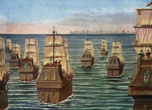 Cannanorin taistelu käytiin maaliskuussa 1506 Cannanoren sataman edustalla Intiassa, intialaisen Calicutin Samorinin laivaston ja portugalilaisen laivaston välillä, varakuningas Almeidan pojan Lourenco de Almeidan alaisuudessa. Kuvitus: Tancredi Scarpelli  tekijältä Tancredi Scarpelli