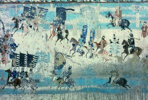 Zhang Yichao, Länsi-Gansun kuvernööri retkellä tiibetiläisiä vastaan, Tang-dynastia, 850-907 (seinämaalaus). tekijältä Tang Dynasty Chinese School