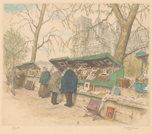 Kirjakojut Quai de Montebellolla, taustalla Notre-Dame tekijältä Tavík František Šimon (signed by artist)
