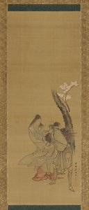Nainen ja puunkerääjä kirsikkapuun alla, 1700-luvun loppu - 1800-luvun alku. tekijältä Tawaraya Sōri