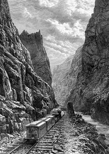 Juna kulkee Rocky Mountainsin halki, USA, 1800-luku.
