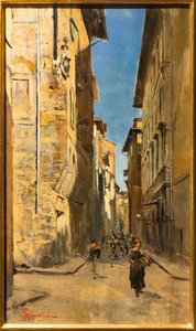 Osittainen näkymä kadulle Firenzen historiallisessa keskustassa, n. 1880 (öljy paneelille) tekijältä Telemaco Signorini