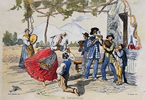 Napolilainen tarantella, kaiverrus Teodoro Ducleren (1814-1869), Italiasta