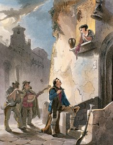 Serenade, kuvitus Achille Vianellin puvuista ja suosituista kohtauksista Napolista, n. 1830 (akvatinta) tekijältä Teodoro Guglielmo Witting