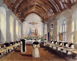 Rekonstruktiopiirros Cleeve Abbeyn kystertsiläisen luostarin ruokasalista, 1991