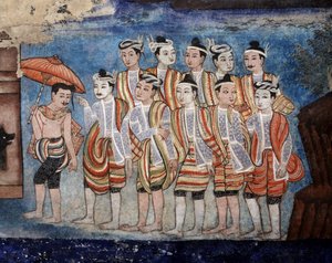 Ryhmä thaimaalaisia yai-miehiä (shan), yksityiskohta Viharnin seinämaalauksista, jotka kuvaavat Sang Thong Tales (seinämaalaus) tekijältä Thai School