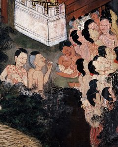 Yleisö katsomassa teatteriesityksiä hautajaisissa (seinämaalaus) tekijältä Thai School