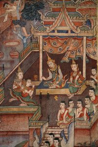 Yksityiskohta seinämaalauksesta Viharnin temppelissä, Wat Phra Singhissä tekijältä Thai School