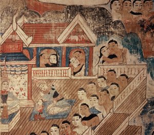 Yksityiskohta seinämaalauksesta tekijältä Thai School