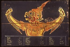 Thaimaan sotataidetta käsittelevän käsikirjoituksen lehti Garudasta, 1815 (wc paperilla) tekijältä Thai School