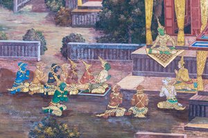 Seinämaalaus, joka kuvaa kohtauksia Ramayanasta Wat Phra Kaeossa, Kuninkaallisesta palatsista, Bangkokista, Thaimaasta tekijältä Thai School