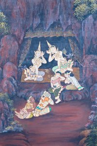 Seinämaalaus, joka kuvaa kohtauksia Ramayanasta Wat Phra Kaeossa, Kuninkaallisesta palatsista, Bangkokista, Thaimaasta tekijältä Thai School