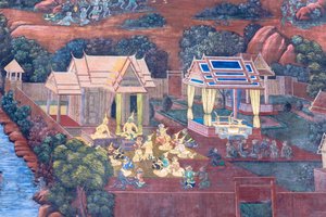 Seinämaalaus, joka kuvaa kohtauksia Ramayanasta Wat Phra Kaeossa, Kuninkaallisesta palatsista, Bangkokista, Thaimaasta tekijältä Thai School