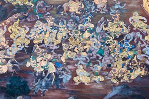 Seinämaalaus, joka kuvaa kohtauksia Ramayanasta Wat Phra Kaeossa, Kuninkaallisesta palatsista, Bangkokista, Thaimaasta tekijältä Thai School