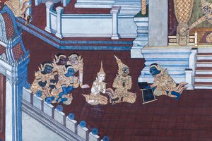 Seinämaalaus, joka kuvaa kohtauksia Ramayanasta Wat Phra Kaeossa, Kuninkaallisesta palatsista, Bangkokista, Thaimaasta tekijältä Thai School