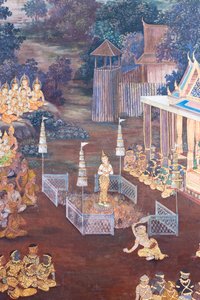 Seinämaalaus, joka kuvaa kohtauksia Ramayanasta Wat Phra Kaeossa, Kuninkaallisesta palatsista, Bangkokista, Thaimaasta tekijältä Thai School