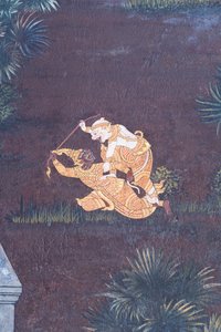 Seinämaalaus, joka kuvaa kohtauksia Ramayanasta Wat Phra Kaeossa, Kuninkaallisesta palatsista, Bangkokista, Thaimaasta tekijältä Thai School