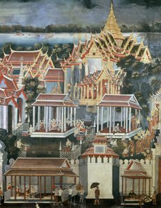 Smaragdibuddhan temppelin munkeille tehdyt uhrit, 1864 (seinämaalaus) tekijältä Thai School