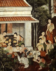 Palatsin naiset ostavat koruja ja peilejä muslimikauppiailta, Rattanakosin tyyliin (seinämaalaus) tekijältä Thai School