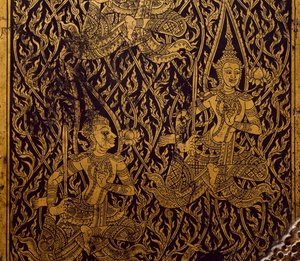 Vaatekaappi sutralle, veistetty ja lakattu puu, Bangkokista, Thaimaasta, Yksityiskohta, Thaimaan sivilisaatio, 1800-luvun alku tekijältä Thai School