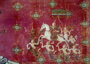 Buddhalaisuus: "" kohtaus Buddhan elämästä: Grand Depart"" Yksityiskohta maalauksesta kankaalle Thaimaasta. Aurinko 1,4x0,9 m Paris, Musee Guimet, Musee national des Arts Asians tekijältä Thai Thai