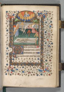 Tuntikirja Parisin käyttö: Fol. 118r, Enkeli ja paholainen taistelevat sielusta, n. 1420.
