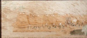 Luonnos Koonjan hyökkäyksestä 3.10.1824 (akvarelli paperille) tekijältä The Hon. Frederick Shore