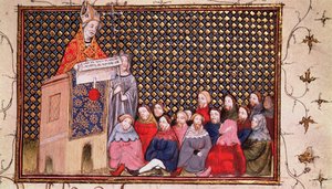 Harl 1319 f.12 Arkkipiispa Arundel saarnaa Henrikin puolesta, "Histoire du Roy d
