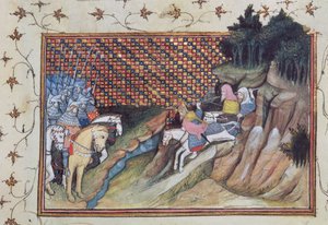 Harl 1319 f.9 MacNamara, irlantilainen päällikkö tulee neuvottelemaan Earl of Gloucesterin kanssa, "Histoire du Roy d