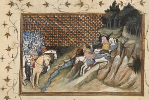 Harley 1319, f.9 Art Mór ratsastamassa Gloucesterin jaarlia vastaan Jean Cretonin teoksesta "La Prinse et Mort du Roy Richart" (Kirja kuningas Richard II:n vangitsemisesta ja kuolemasta)