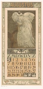 Elokuun kalenterisivu, jossa valkoinen riikinkukko Kalenteri 1910 12 litografiaa Th. v. Hoytema (sarjan nimi) tekijältä Theo van Hoytema