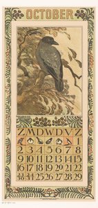 Lokakuun kalenterisivu, jossa värikäs varis Kalenteri 1910 12 litografiaa Th. v. Hoytema (sarjan nimi)
