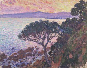 Mänty meren rannalla auringonlaskun aikaan tekijältä Théo van Rysselberghe