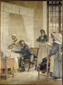 Rene Laennec auditoi phticia oppilaidensa edessä. Rene-Theophile-Hyacinthe Laennec (1781-1826), ranskalainen lääkäri, "pectoriloquen" tai stetoskoopin keksijä. Fresko