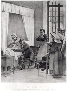 Rene Theophile Hyacinthe Laennec (1781-1826) kuuntelemassa rintakehää sairastavalta mieheltä, 1816