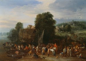 Matkustajat nousevat lautalle (öljy paneelissa)