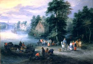 Metsäinen jokimaisema hahmoilla ja karjalla