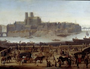 Laituri ja Tournellen silta Pariisissa Yksityiskohdat. Näkymä telakoille ja La Citen saarelle. Theodor Mathamin (1606-1676) maalaus 1646 Pariisi, Carnavalet-museo tekijältä Theodor (attr. to) Matham