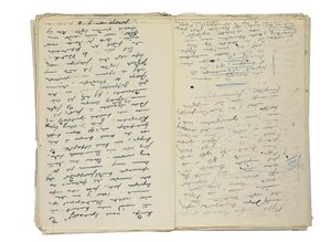 Nimikirjoituskäsikirjoitusluonnokset Berliinin elämää ja yhteiskuntaa koskeviin artikkeleihin sekä katkelma romaanin luonnoksesta, n. 1878-1894 (kynä ja muste paperille) tekijältä Theodor Fontane