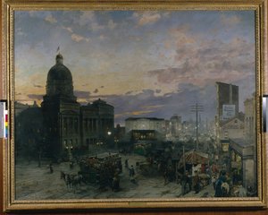 Washington Street, Indianapolis At Dusk (öljy kankaalle) tekijältä Theodor Groll