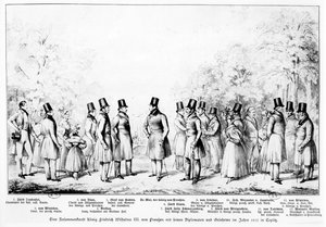 Preussin kuningas Friedrich Wilhelm III tapasi diplomaatteja, sotilaita ja oppineita miehiä Teplitzin kylpyläkaupungissa vuonna 1833, 1833